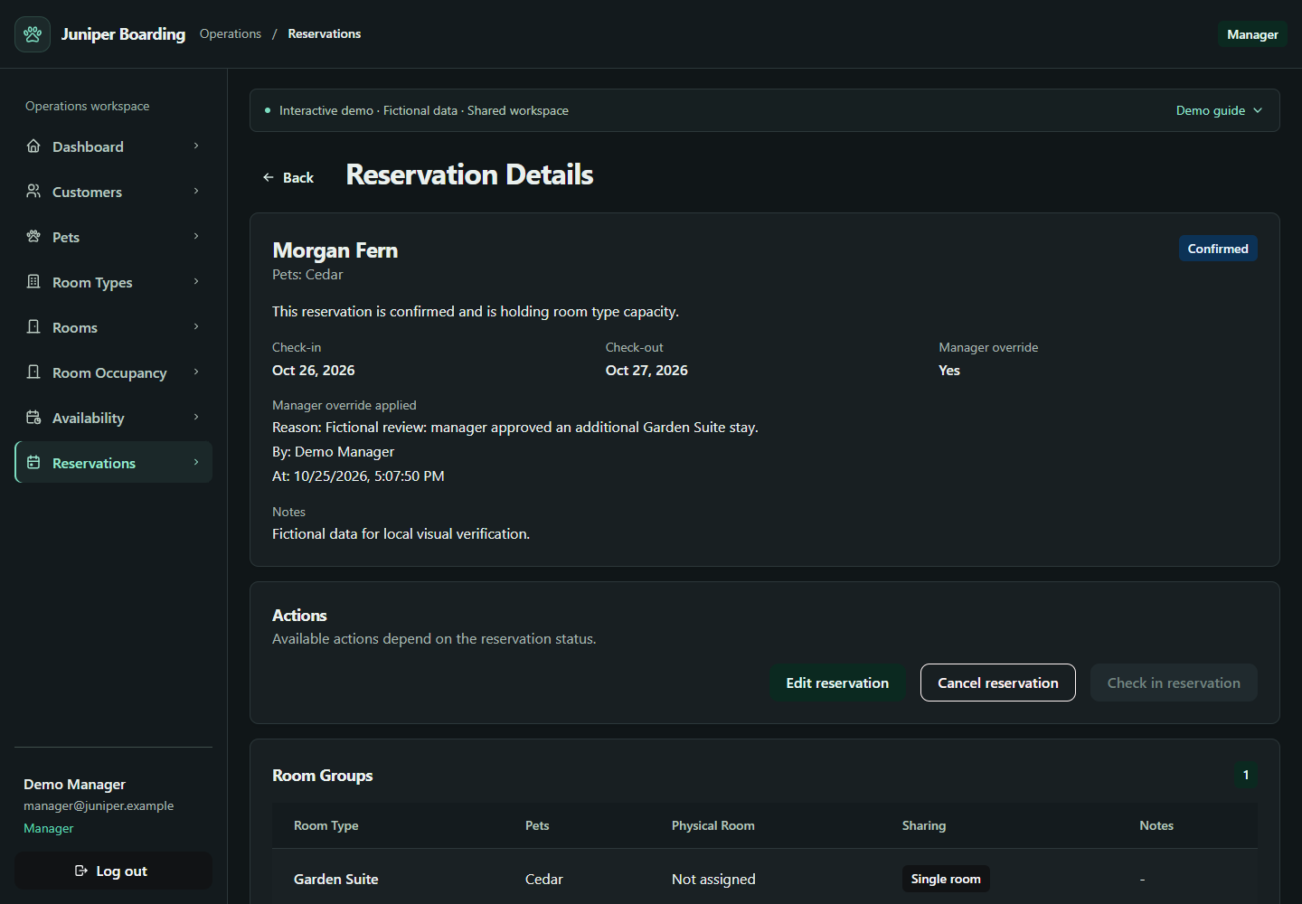 Juniper reservation showing a manager override with its reason, Demo Manager attribution, and timestamp.
